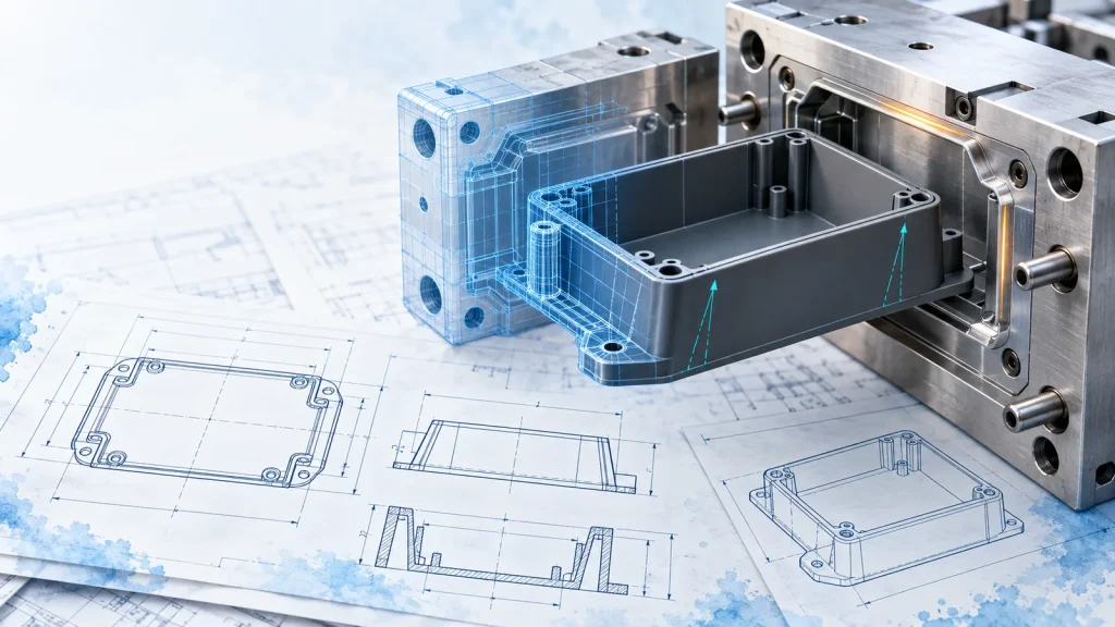 Plastic housing pulled from one half of an injection mold