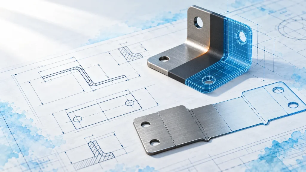 Bent sheet-metal bracket beside its flat pattern with bend lines