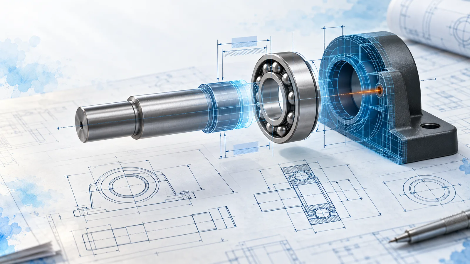 Shaft, bearing and housing fit with dimension callouts