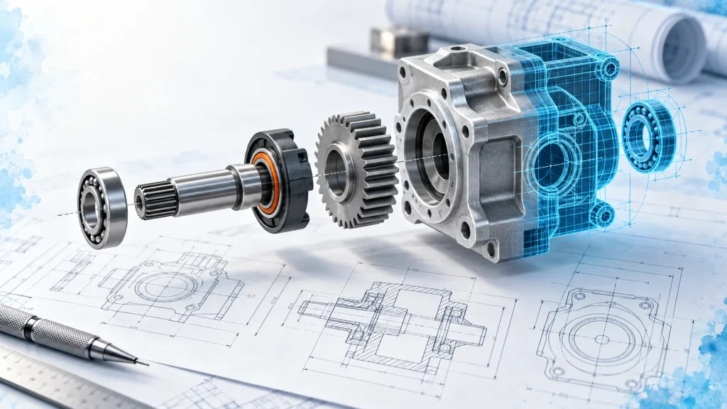 Exploded gearbox assembly, half steel and half blue CAD wireframe, on engineering drawings