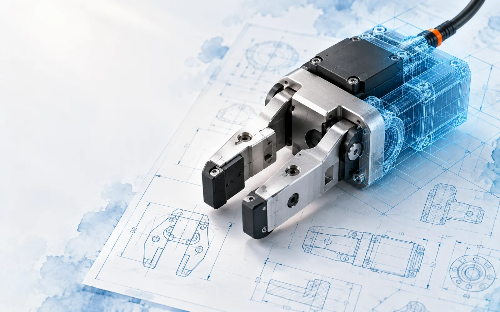 Robotic gripper, half machined aluminium and half blue CAD wireframe, on engineering drawings