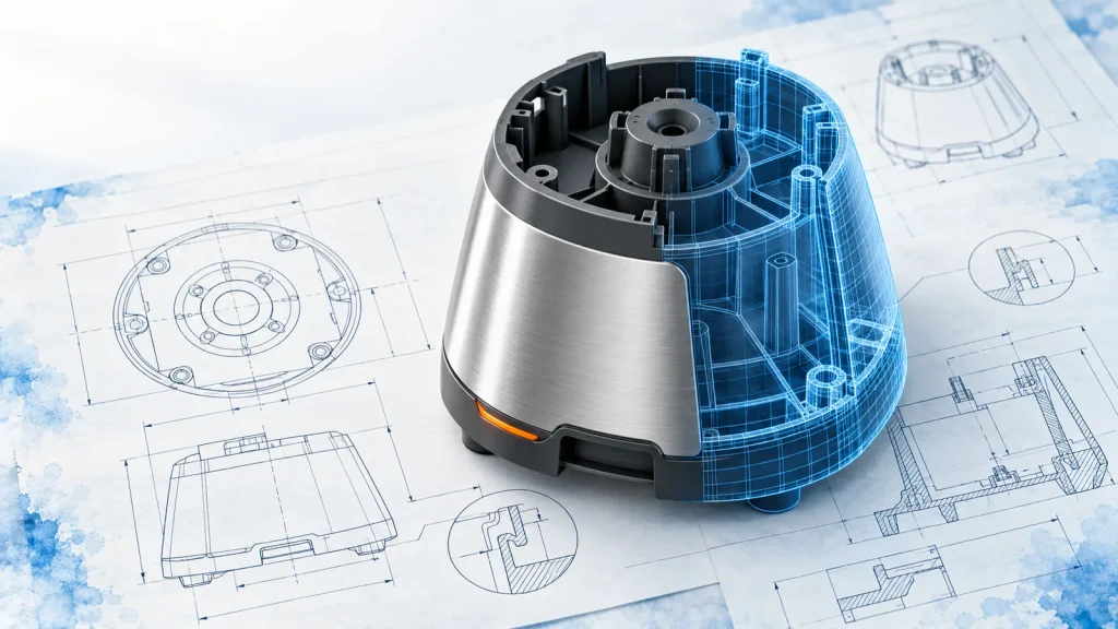 Blender base shell with ribs and snap-fits, half CAD wireframe