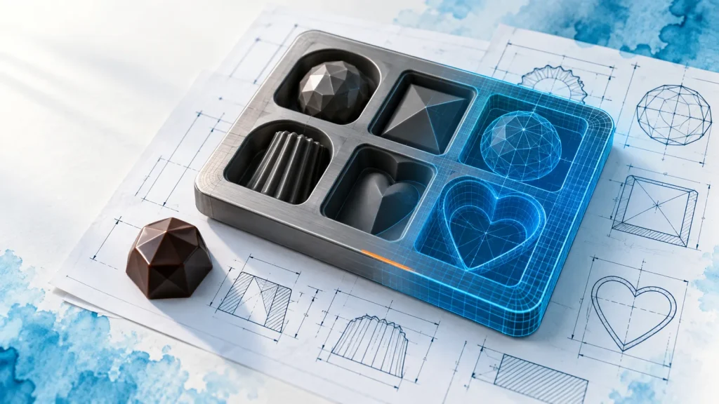 Silicone mold tray with geometric chocolate cavities