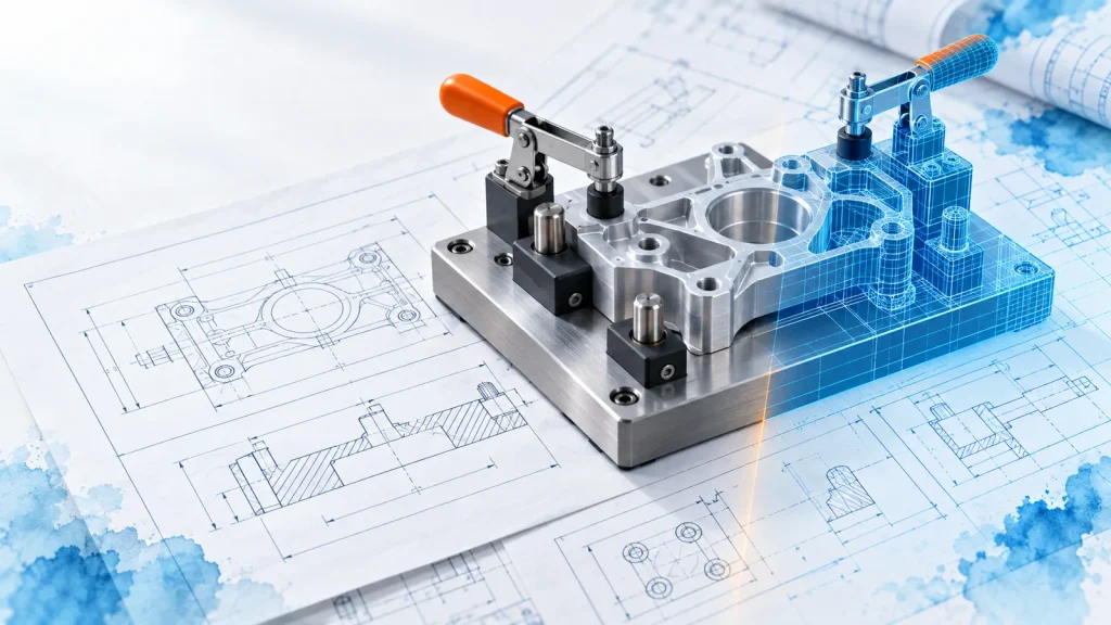 Machining fixture with toggle clamps holding an aluminium part