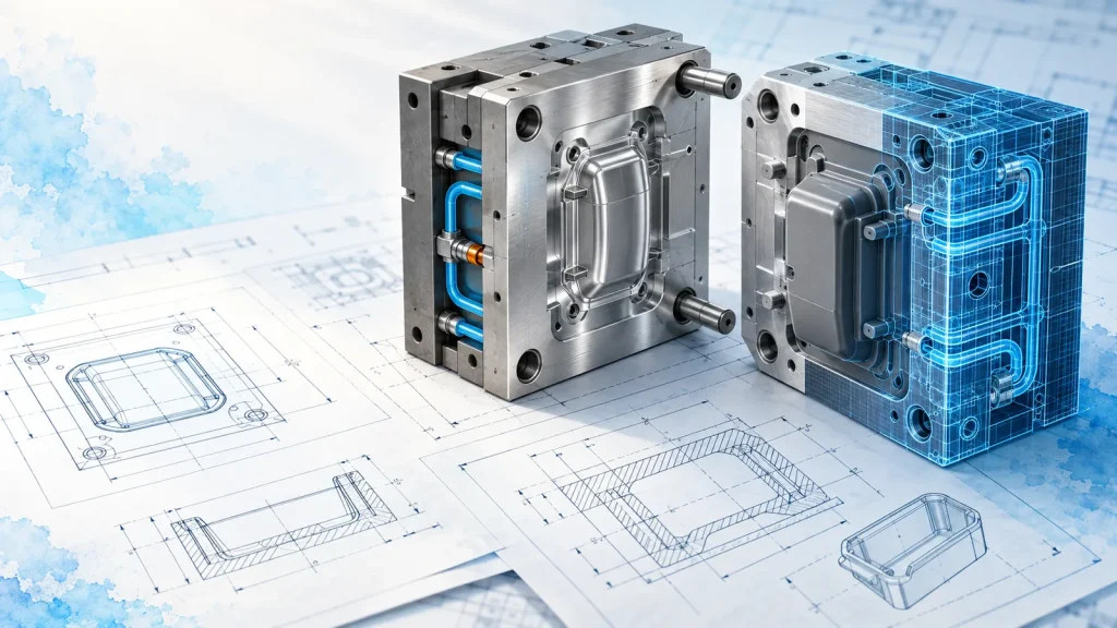Opened two-plate injection mold, half metal and half CAD wireframe