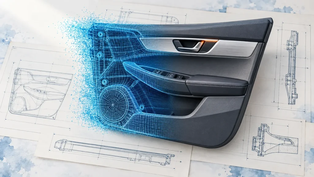 Car door panel, half solid model and half cyan point cloud